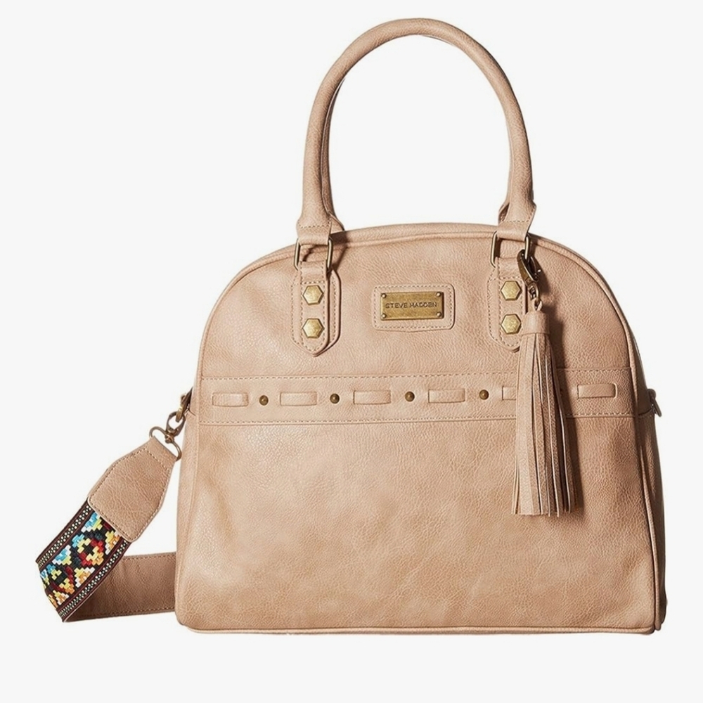 Steve Madden Satchel Bag Purse Taupe Cream Convertable Embroidered Guitar Strap